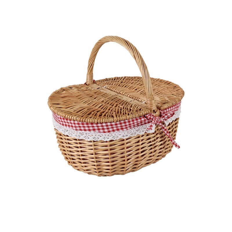 🧺 Vintage Wicker Picnic Basket with Lid & Gingham Lining