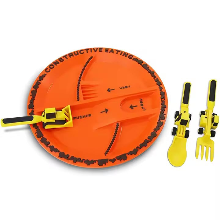 Kids Construction Utensils Set – Fun Fork, Spoon & Pusher