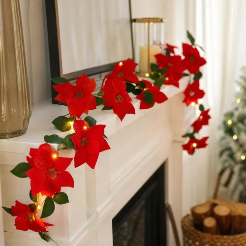 LED Christmas Poinsettia Flower Garland