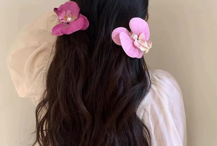 🌸 مشبك شعر على شكل زهرة الأوركيد مع لؤلؤة – إكسسوار شعر أنيق (3 قطع)