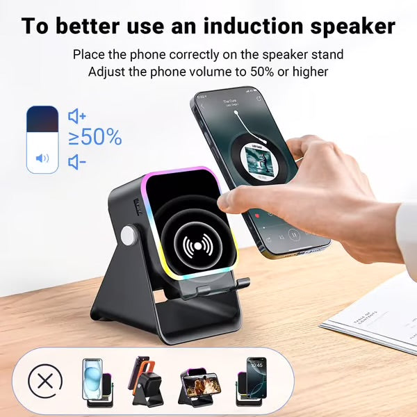 Wireless Induction Audio Speaker Stand, 5-in-1 Phone Stand