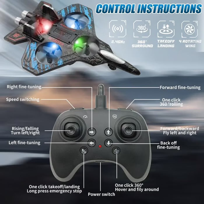 RC Stunt Fighter Jet Toy for Kids with 360° Flips & LED Lights