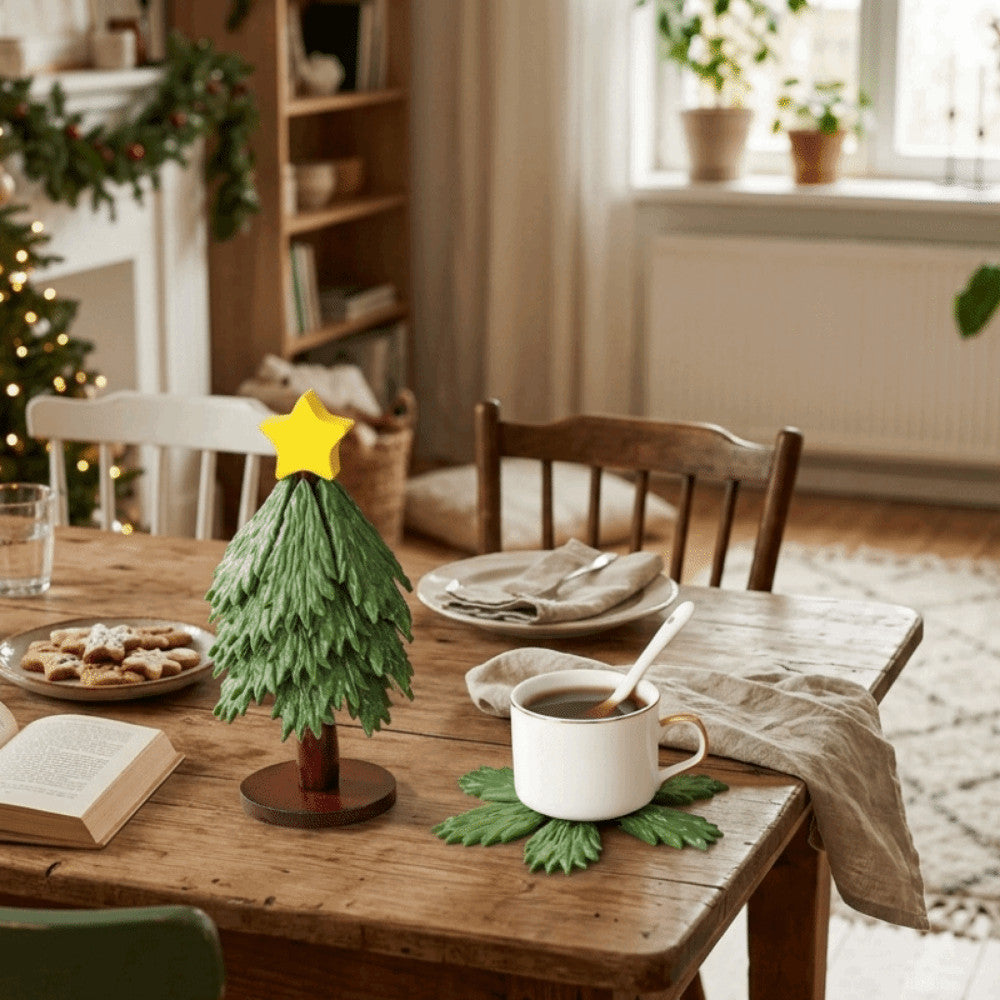 Christmas Tree Wooden Trivet & Coaster Set